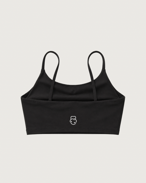 Back view of SQWOD black Balance CrossFit sports bra.